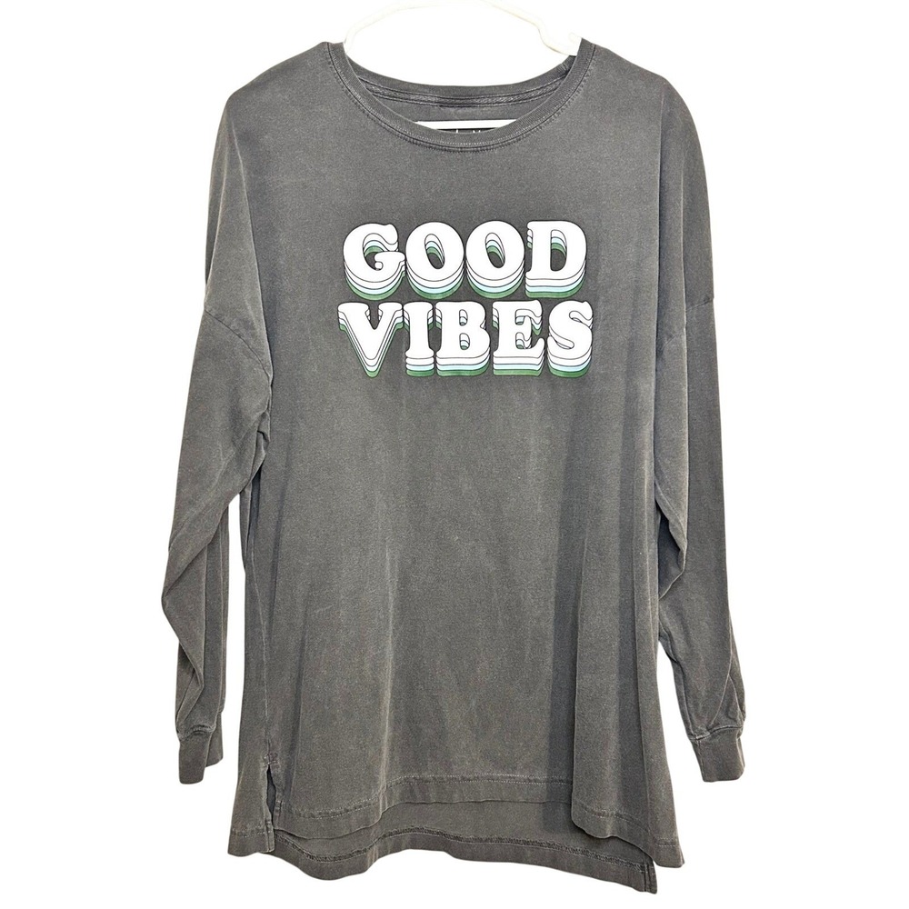 Womens Long‎ Sleeve Graphic T-Shirt Charcoal Gray Medium BE. Good Good Vibes